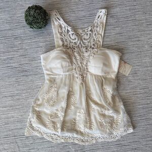 Boston Proper Muse Crochet Lace Embroidered Babydoll Tank Top Ivory Size Medium